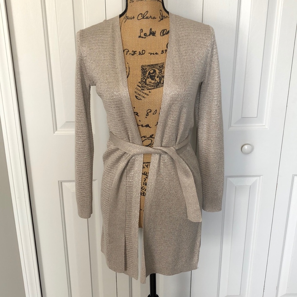 WHBM Tan/Silver Open Belted Long Cardigan